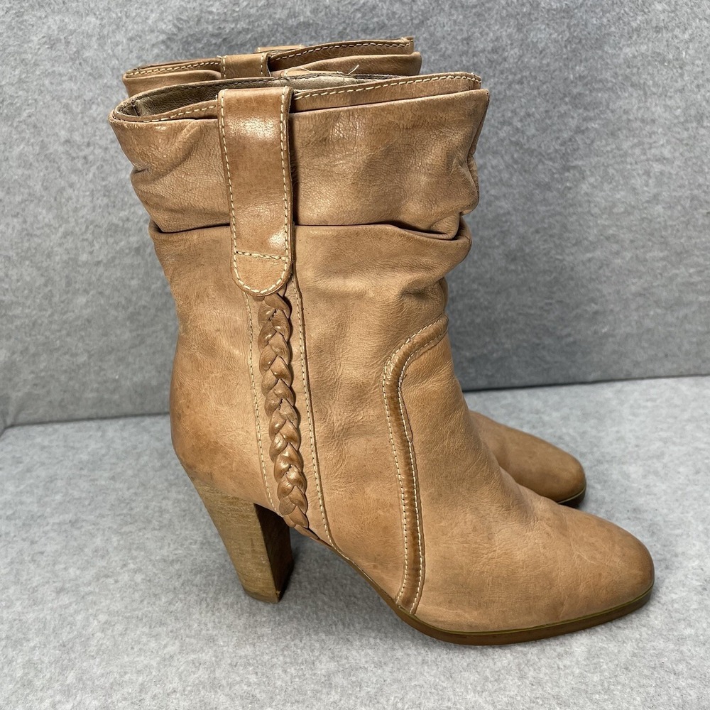 7 For All Mankind women's leather boots Size 7 tan ankle heel Braided Strap